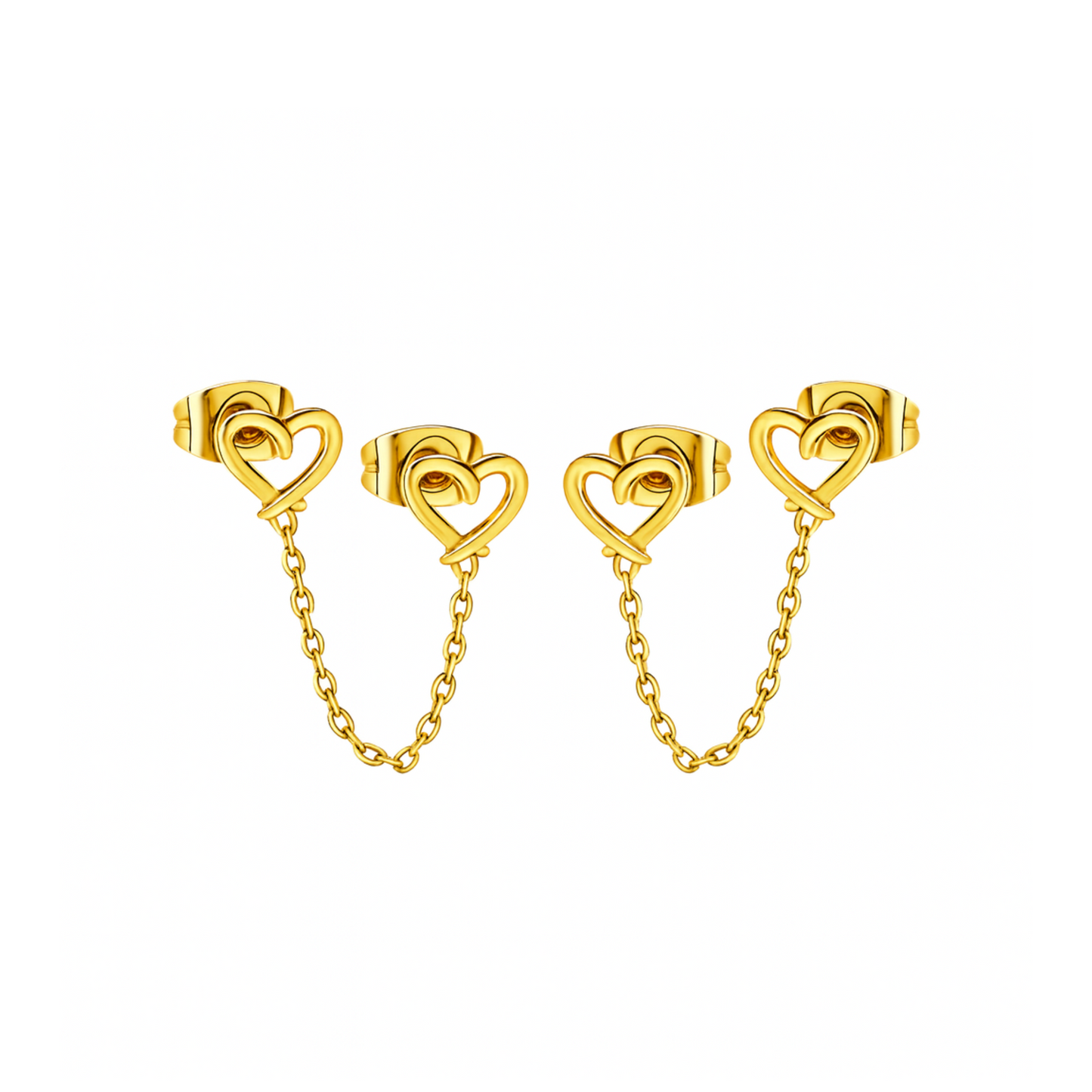 Hollow chained heart studs - Gold