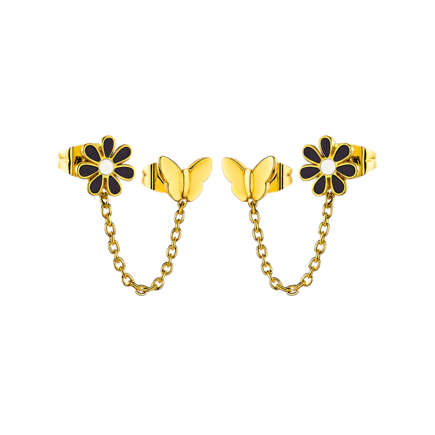 Butterfly flower chained studs - Gold
