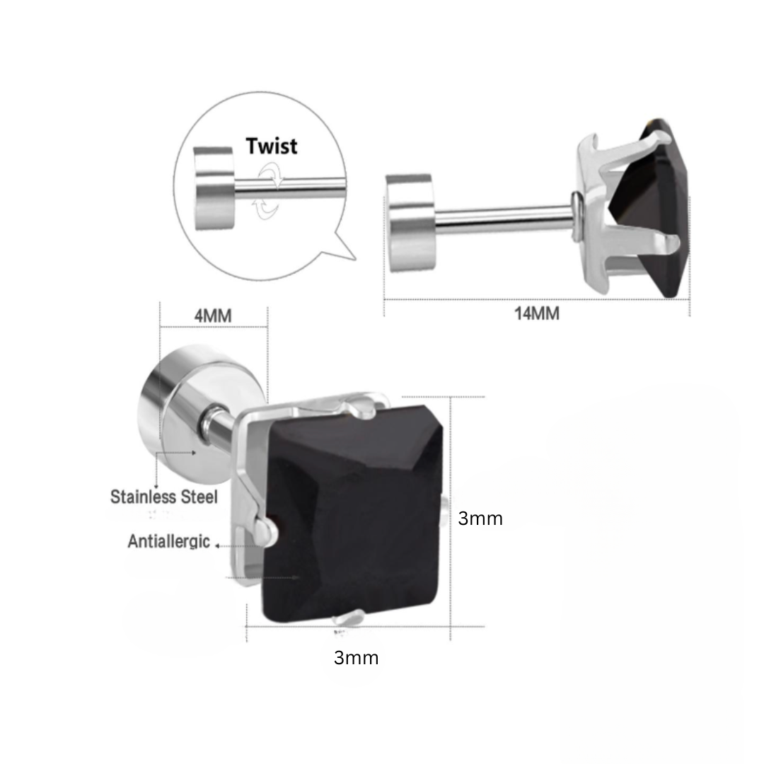 3mm Square black diamond studs - Silver - TheEarringCollective