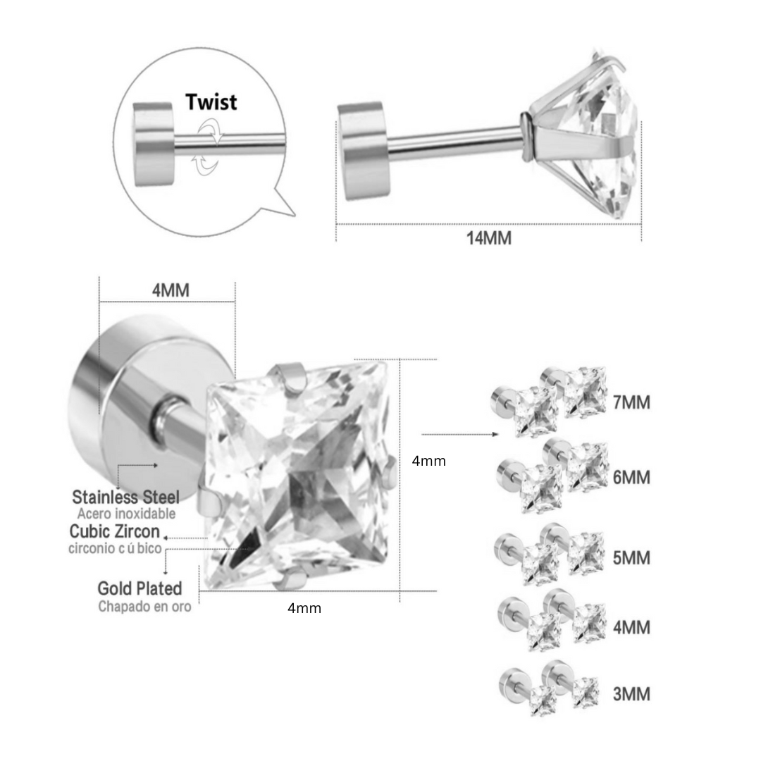 4mm Square diamond studs - Silver