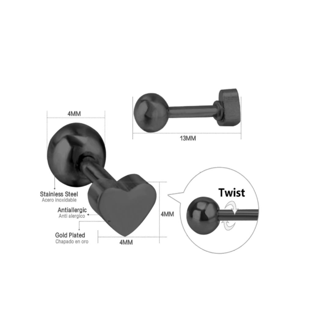 4mm Baby heart studs - Black - TheEarringCollective