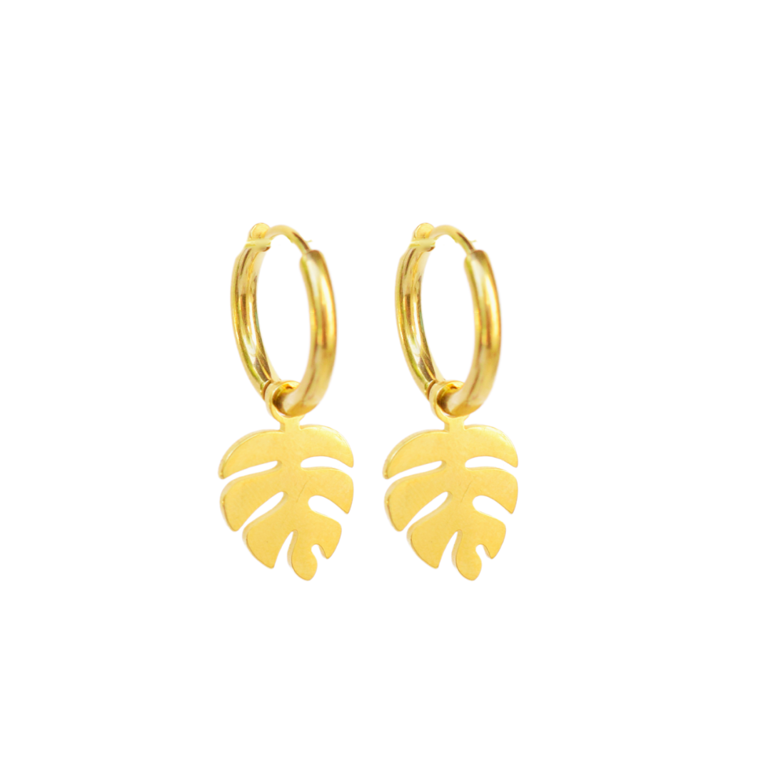Tropical leaf charm hoops - Gold