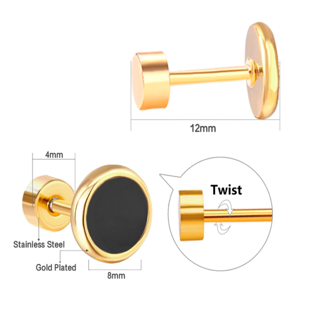 8mm Black circle studs - Gold - TheEarringCollective