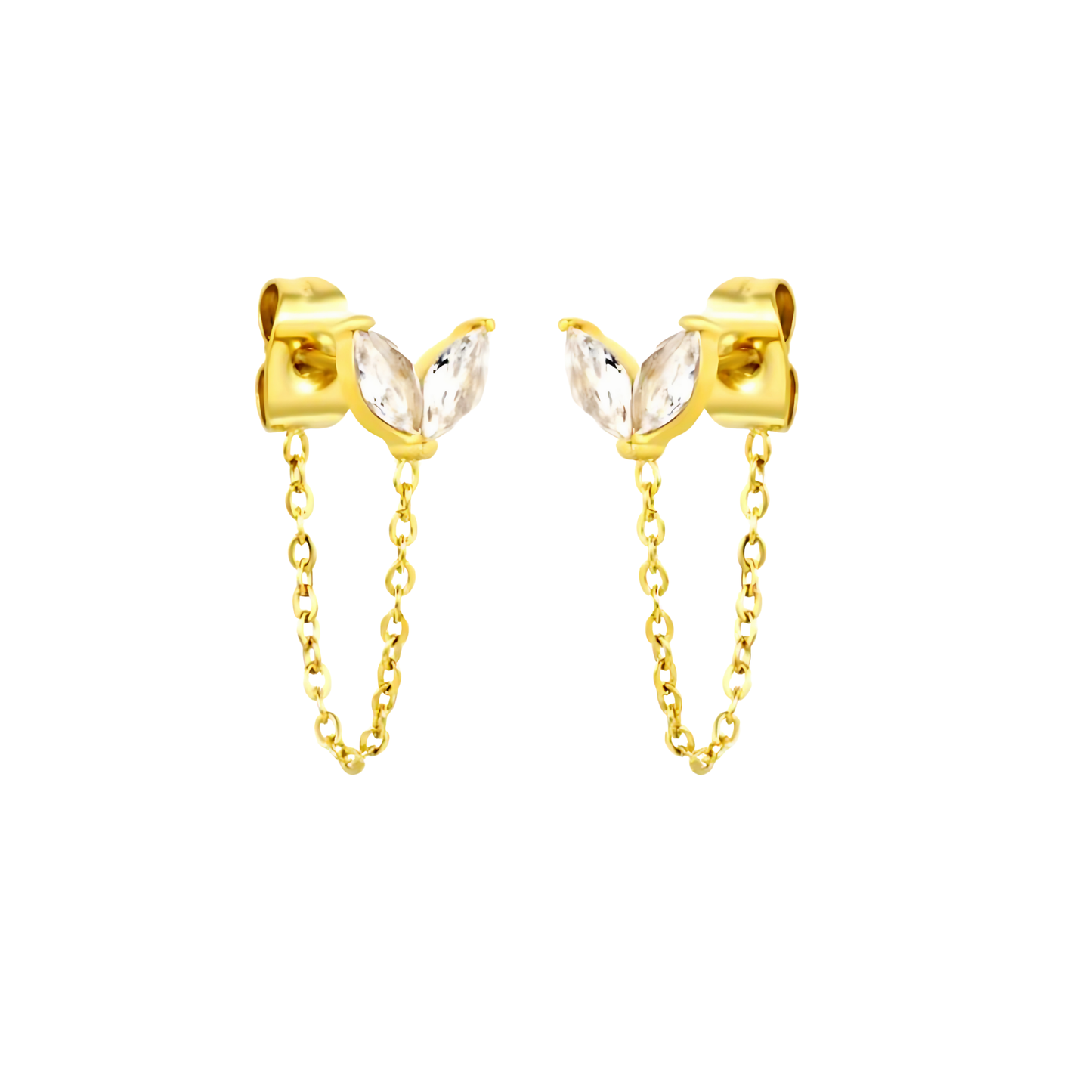 Chained diamond style leaf studs - Gold