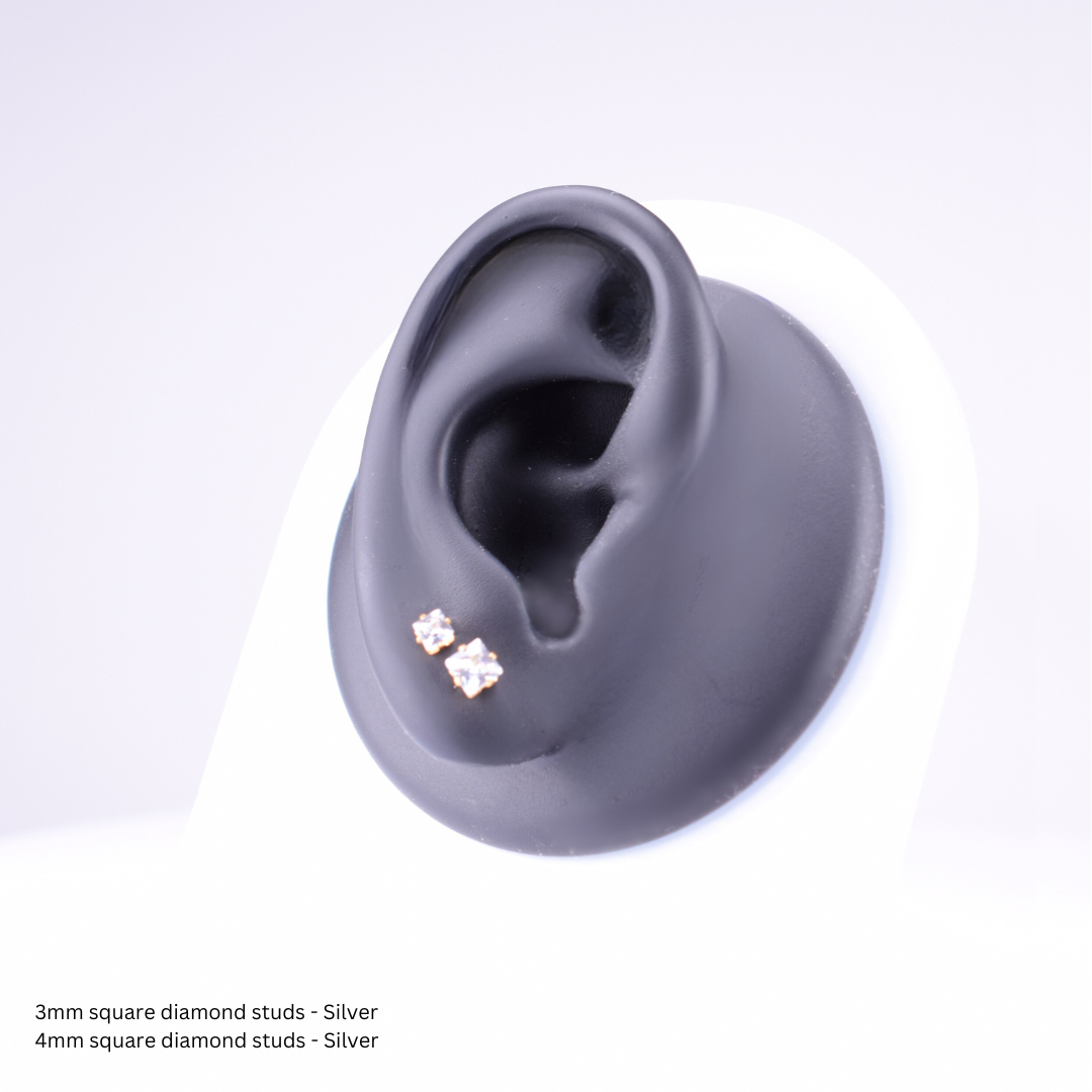 4mm Square diamond studs - Silver