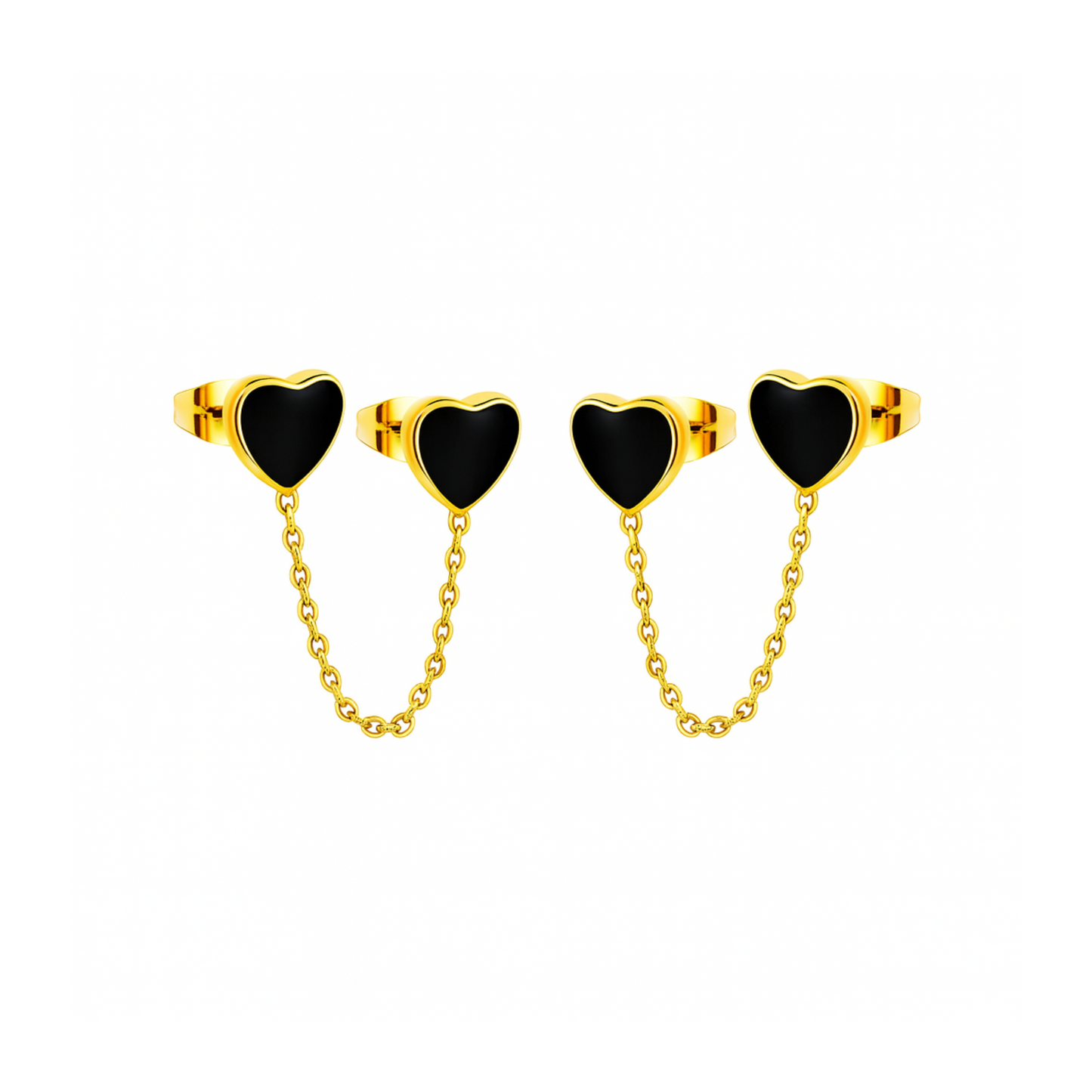 Chained black heart studs - Gold