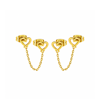 Hollow chained heart studs - Gold