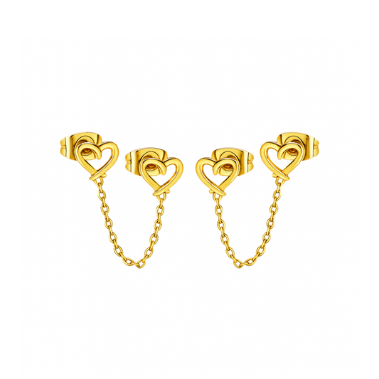 Hollow chained heart studs - Gold