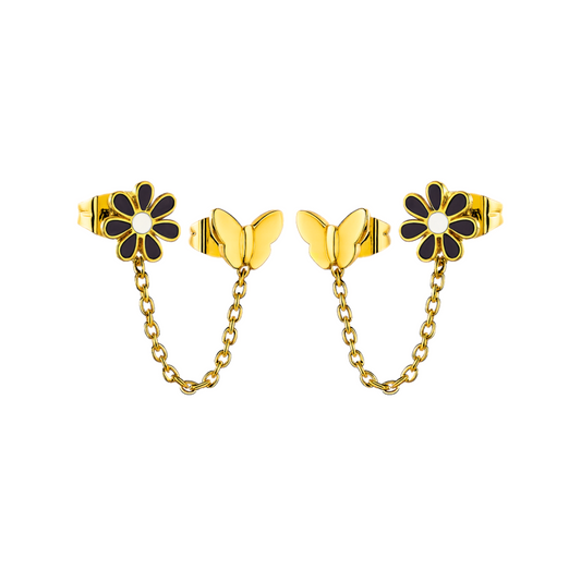 Butterfly flower chained studs - Gold