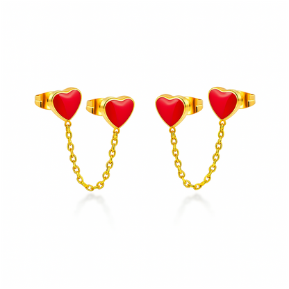 Chained red heart studs - Gold