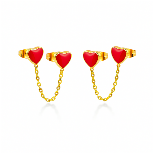 Chained red heart studs - Gold