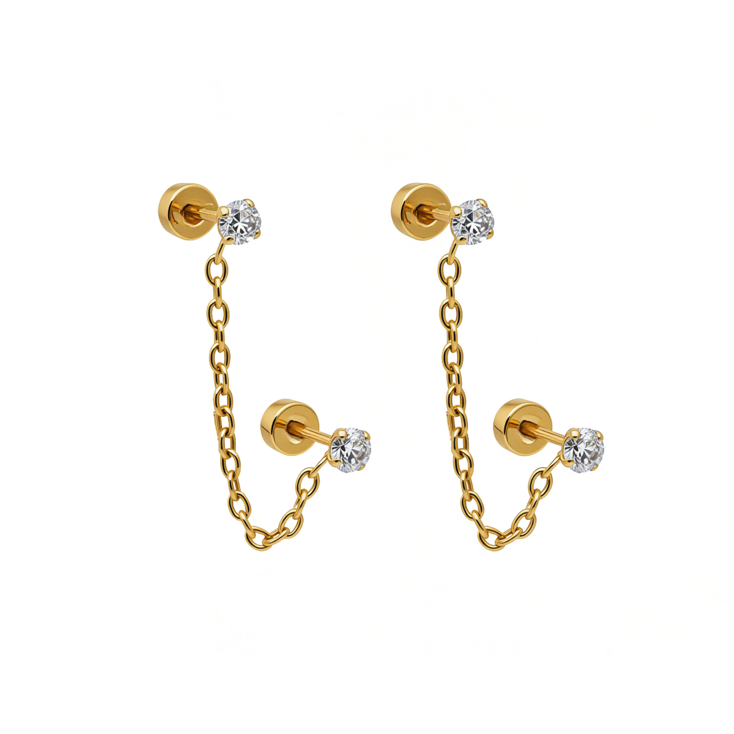 Double chained tiny diamond style studs - Gold