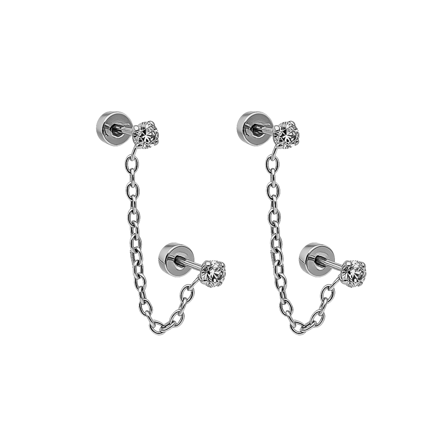 Double chained tiny diamond style studs - Silver