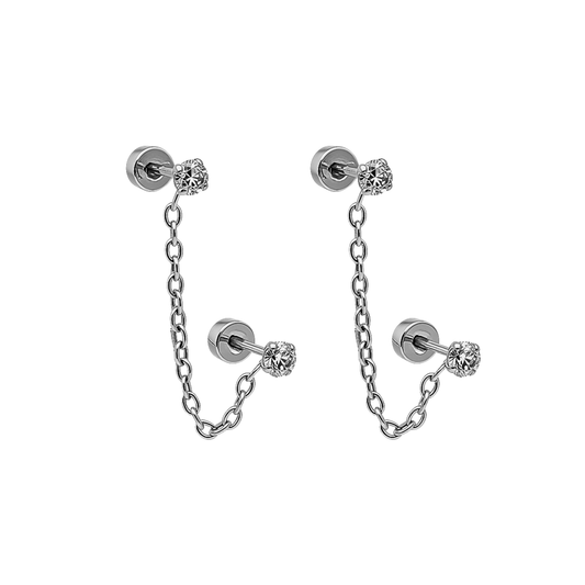 Double chained tiny diamond style studs - Silver