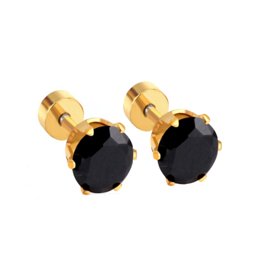 6mm Black diamond studs - Gold