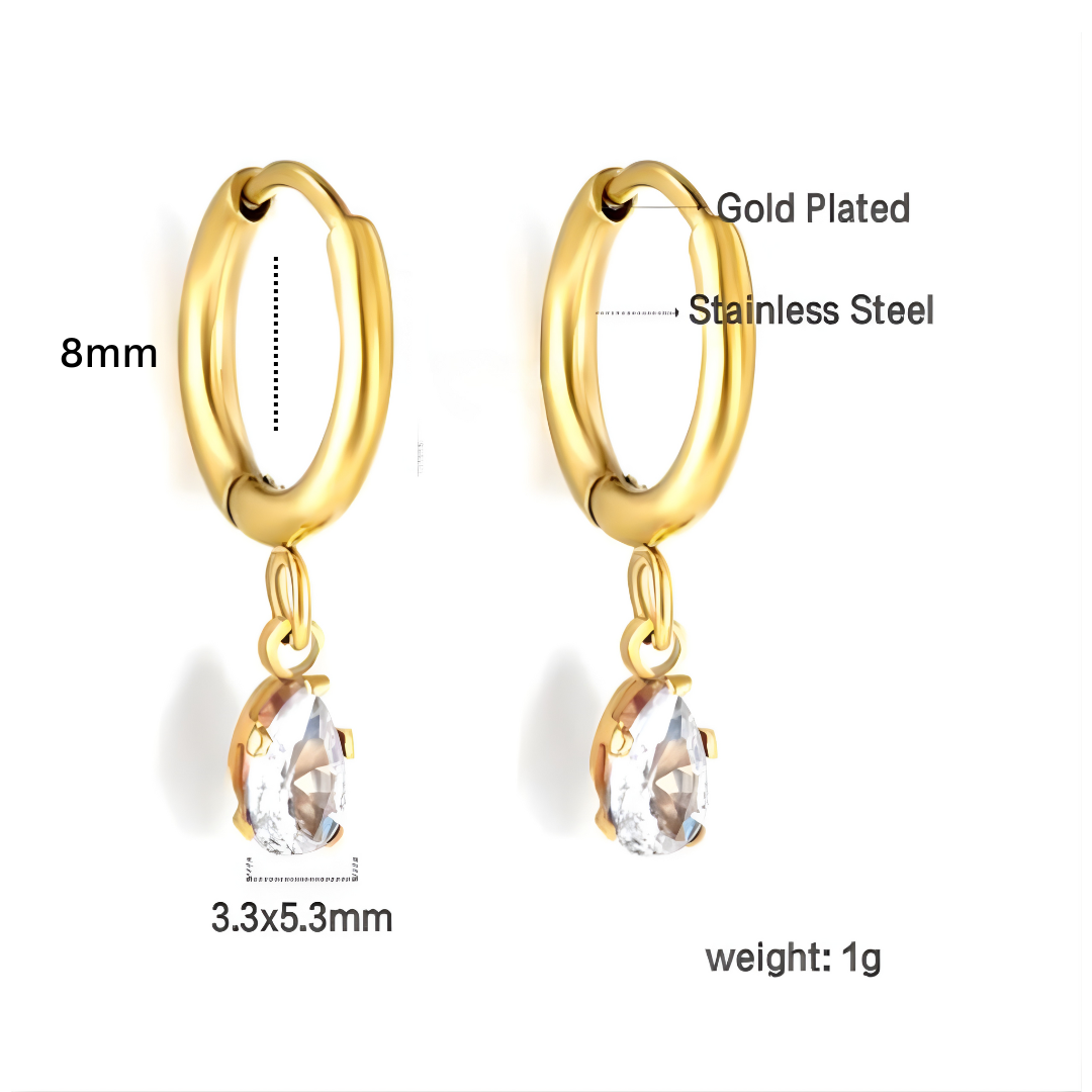 8mm Dangled tear drop diamond style hoops - Gold