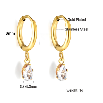 8mm Dangled tear drop diamond style hoops - Gold