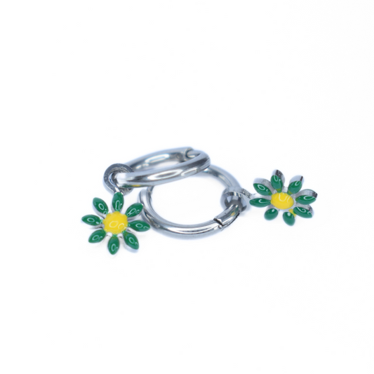 Green flower charm hoops - Silver - TheEarringCollective