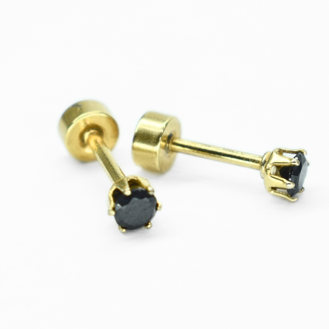 3mm Black diamond studs - Gold - TheEarringCollective