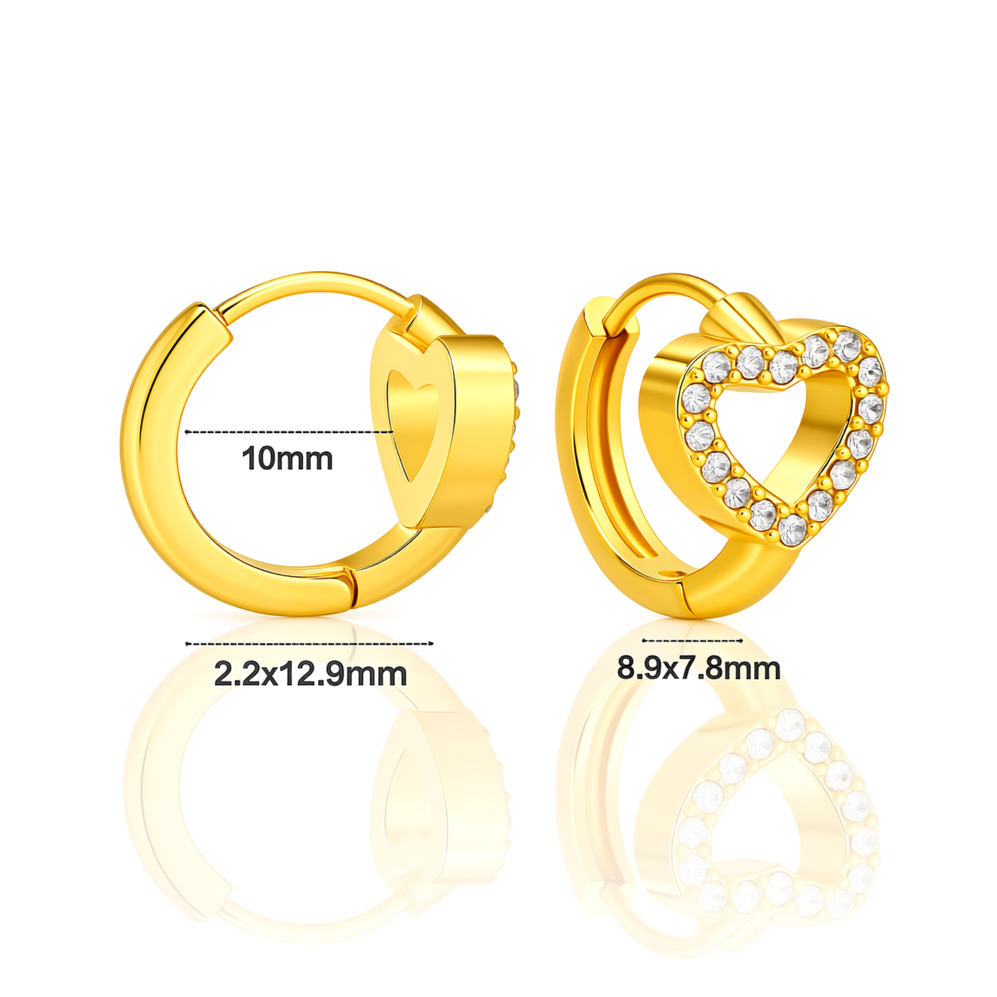 10mm sparkled heart hoops - Gold
