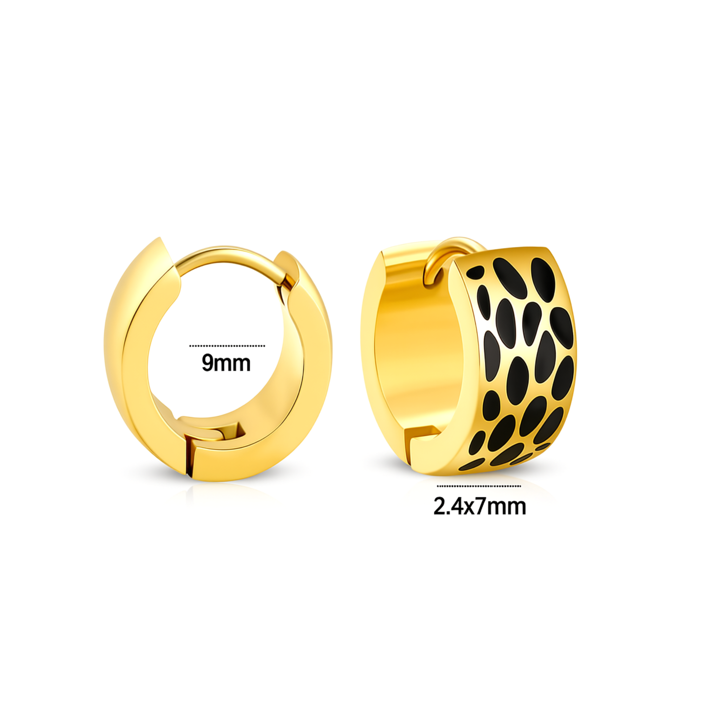 9mm Black spotted hoops - Gold