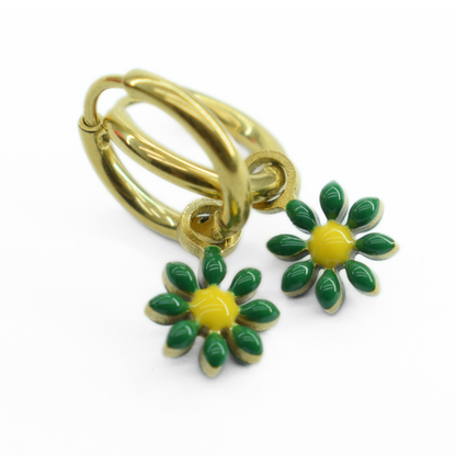 Green flower charm hoop - Gold - TheEarringCollective