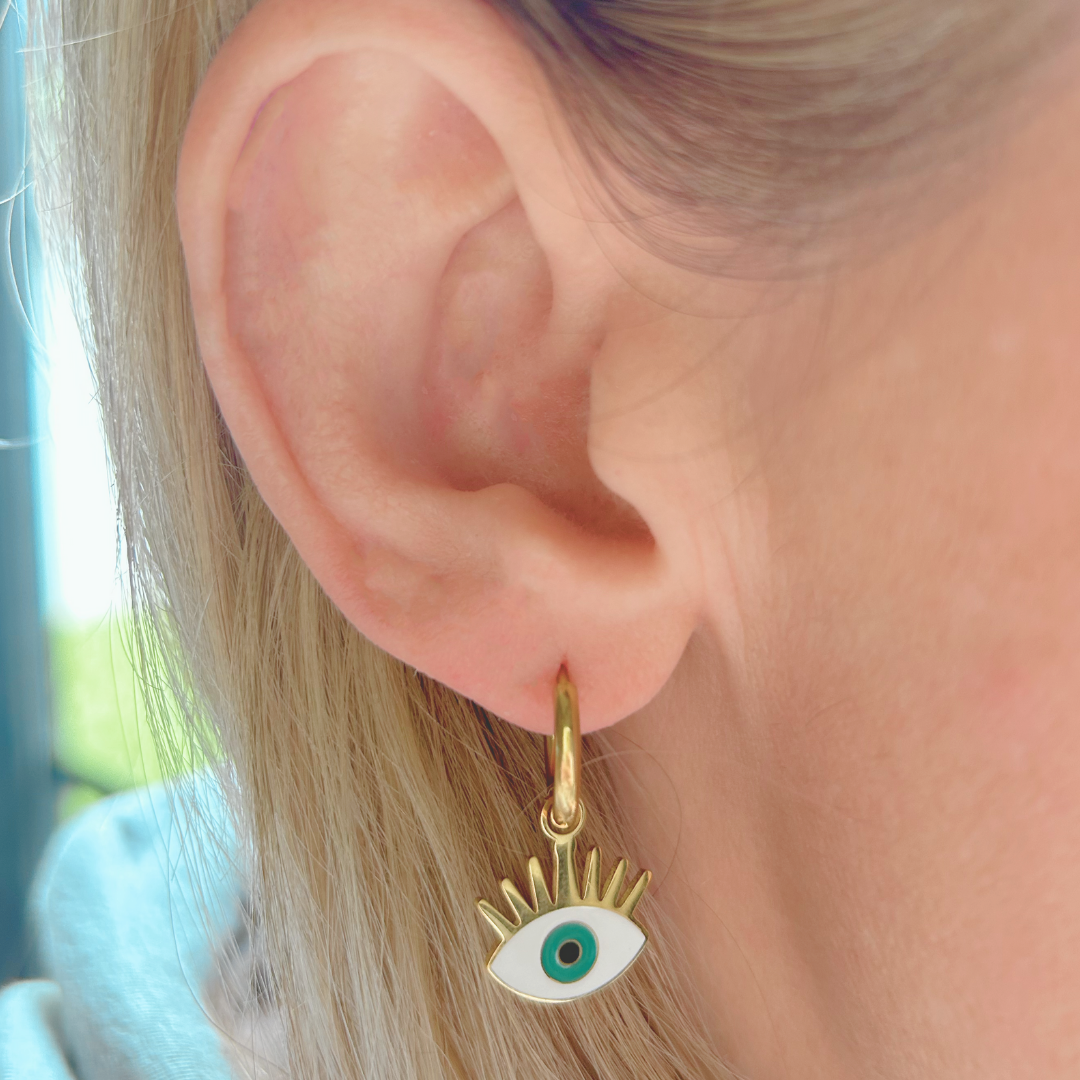 Pretty green eye charm hoops - Gold - TheEarringCollective