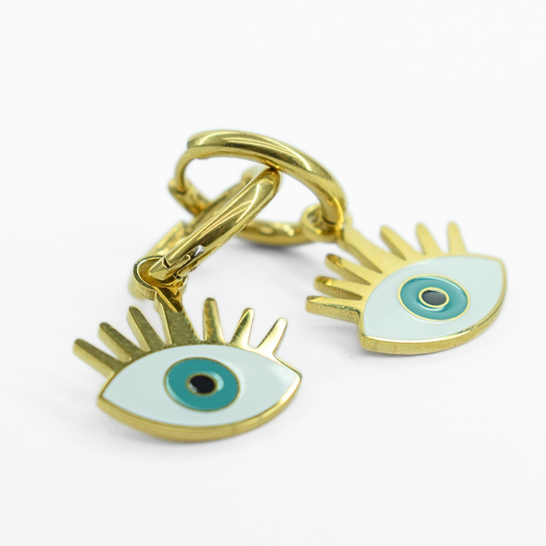 Pretty green eye charm hoops - Gold - TheEarringCollective