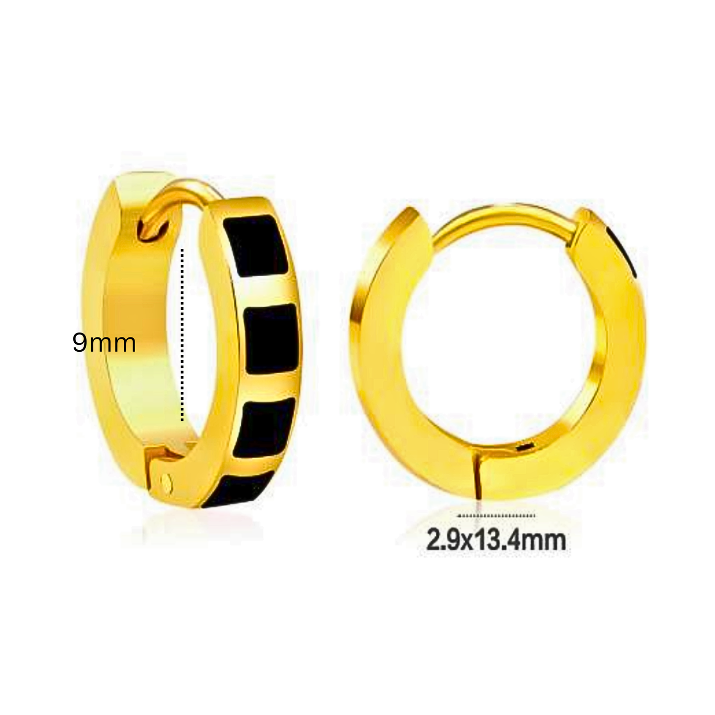 9mm Striped black hoops - Gold