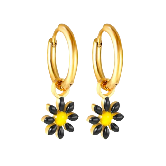 Black flower charm hoops - Gold