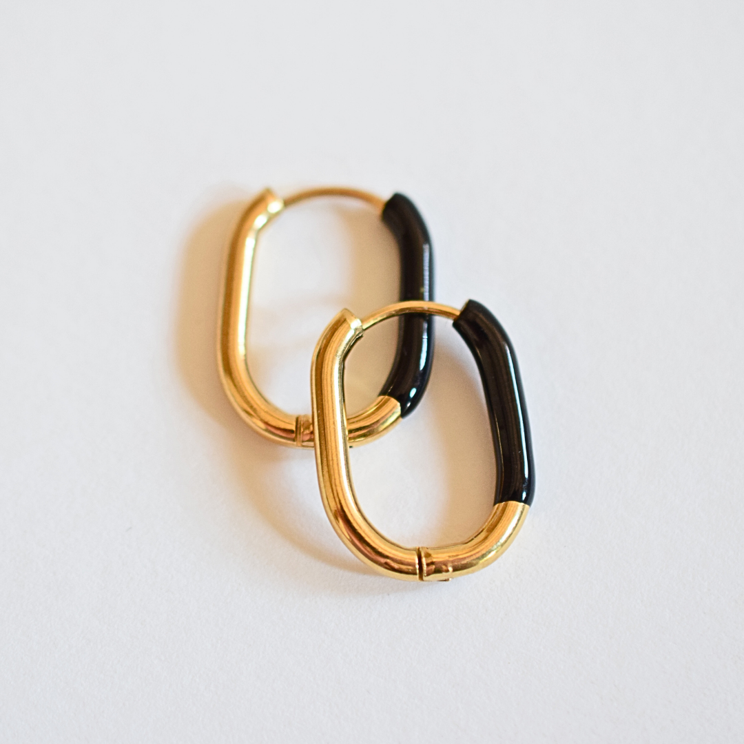 20mm Black dipped oval hoops - Gold