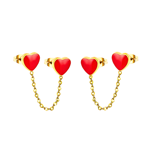 Chained red heart studs - Gold