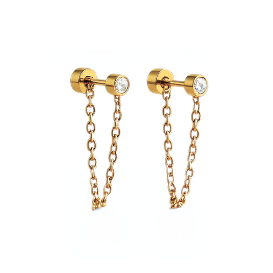 Chained 3mm framed diamond style studs - Gold