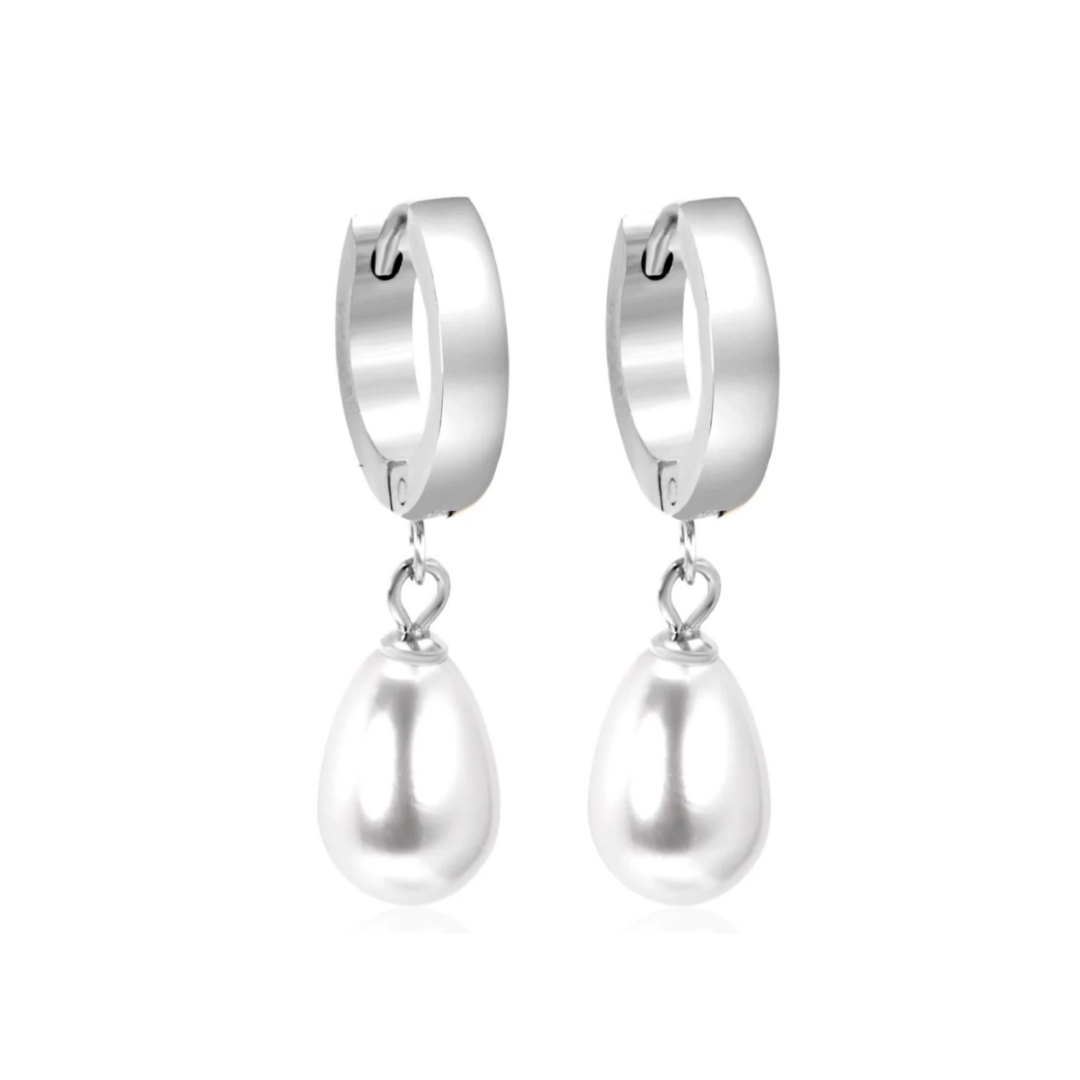 Drop pearl hoops - Silver - TheEarringCollective