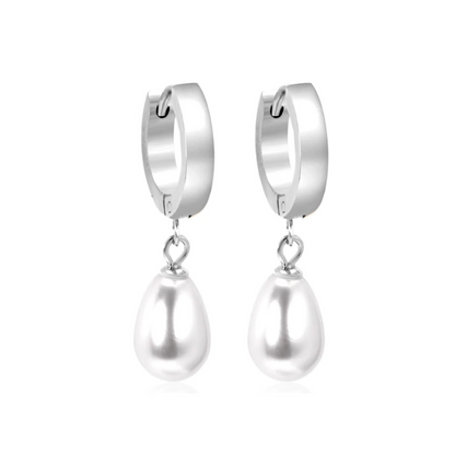 Drop pearl hoops - Silver - TheEarringCollective