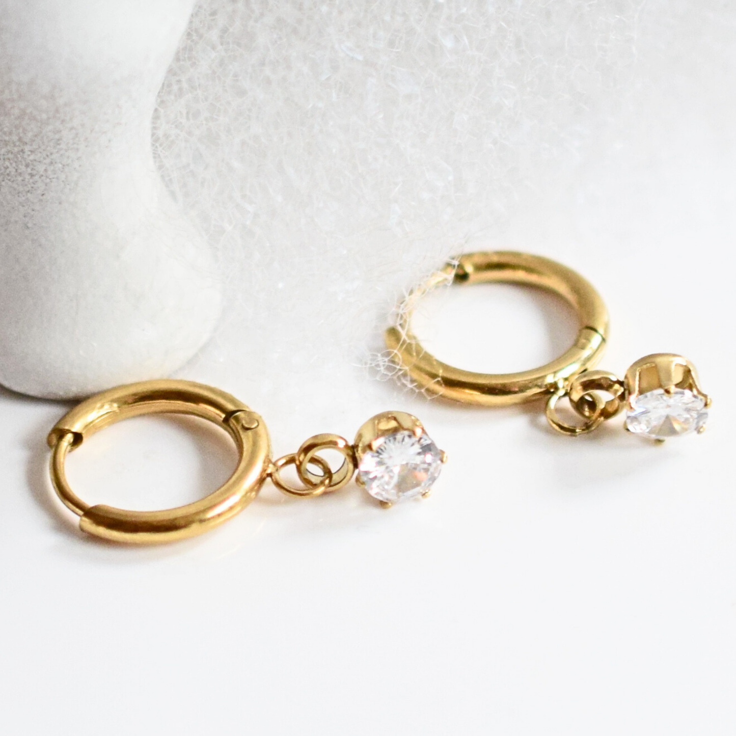 Dangled solitaire diamond style hoops - Gold