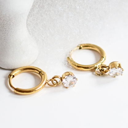 Dangled solitaire diamond style hoops - Gold