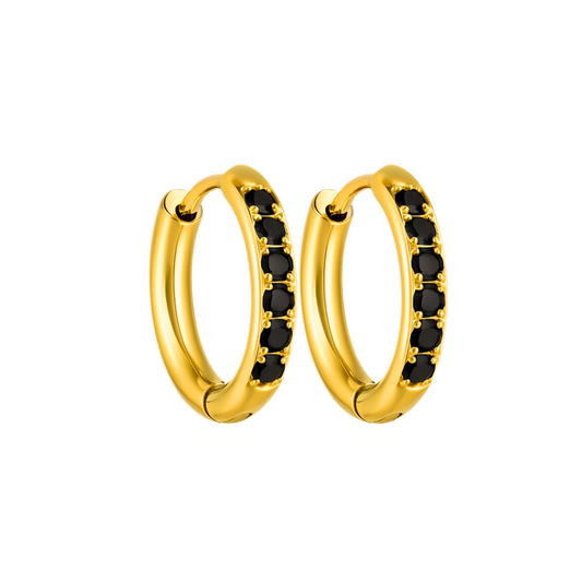12mm classic black diamond style hoops - Gold