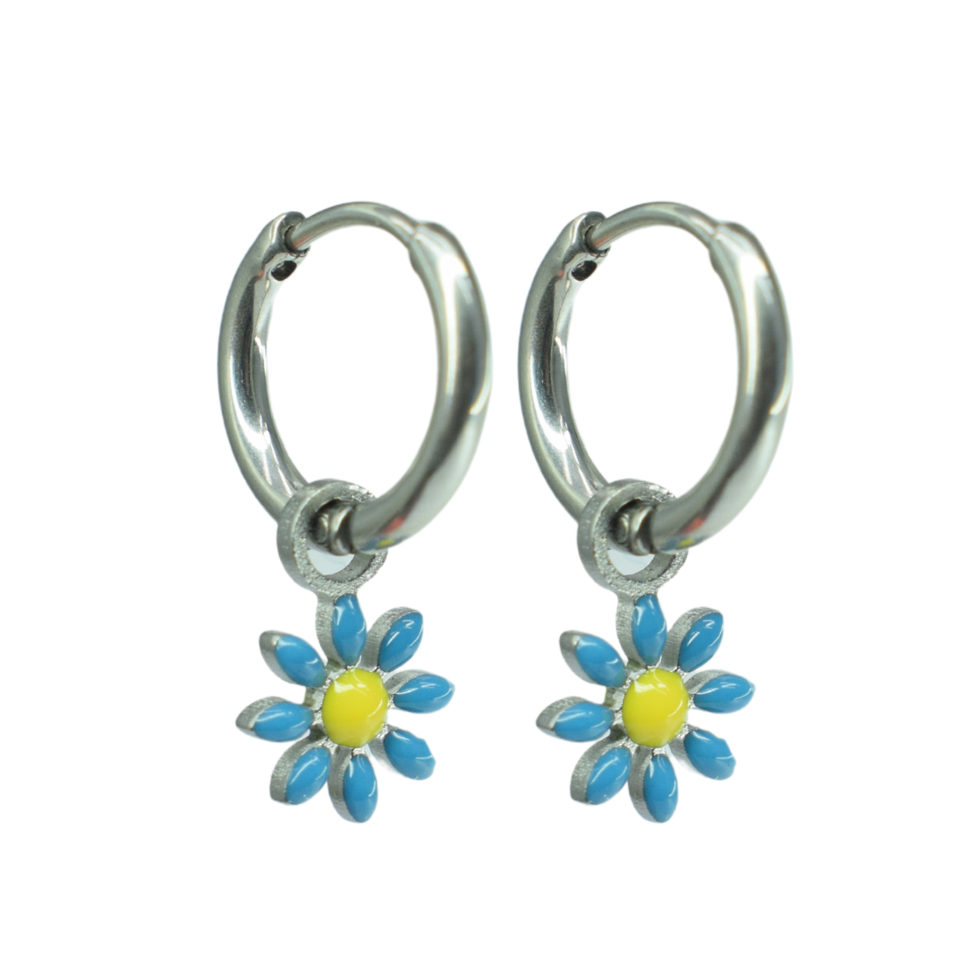 Blue flower charm hoops - Silver - TheEarringCollective