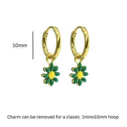 Green flower charm hoops - Silver - TheEarringCollective