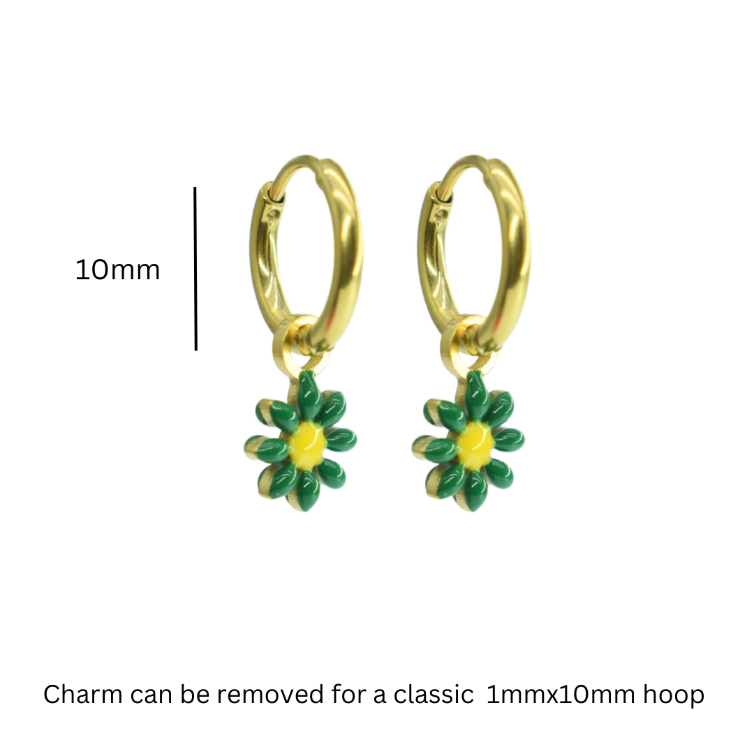 Green flower charm hoop - Gold - TheEarringCollective