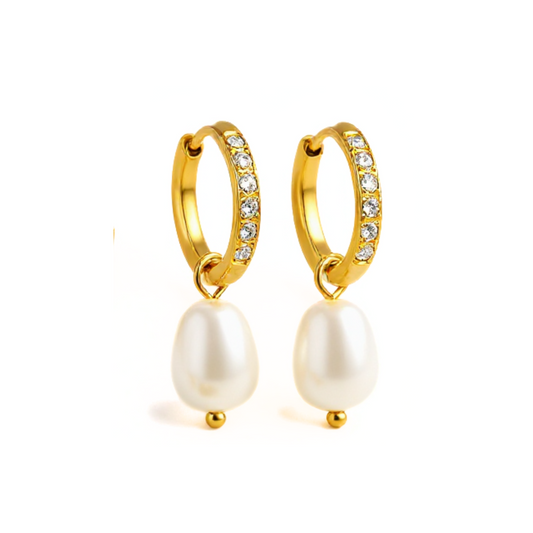 10mm Sparkled fresh water drop pearl hoops - Gold