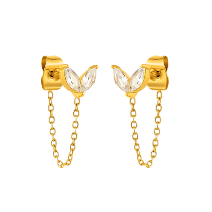 Chained diamond style leaf studs - Gold
