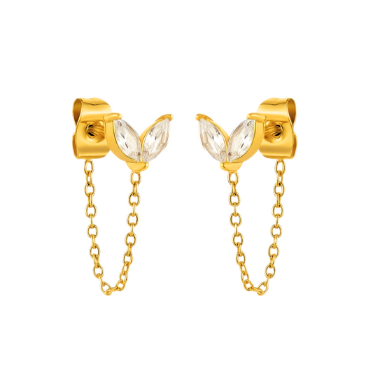 Chained diamond style leaf studs - Gold
