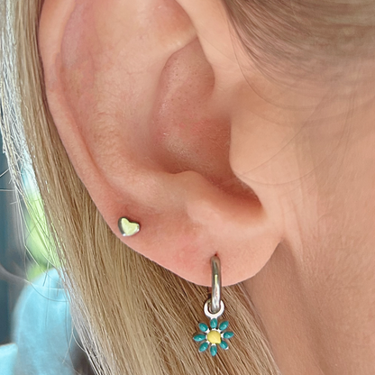 Green flower charm hoops - Silver - TheEarringCollective