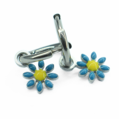 Blue flower charm hoops - Silver - TheEarringCollective