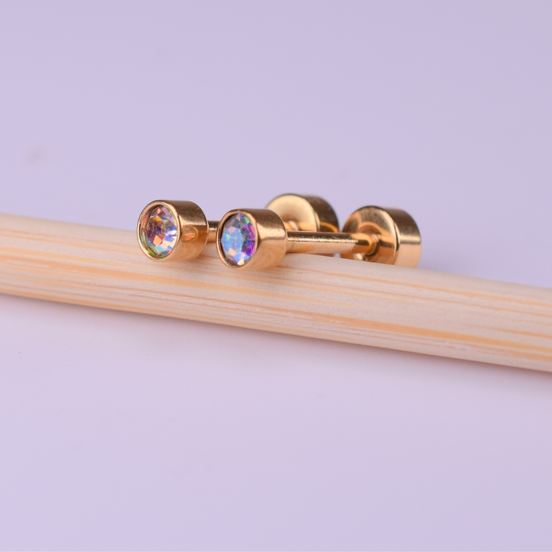 3mm rainbow framed diamond studs - Gold