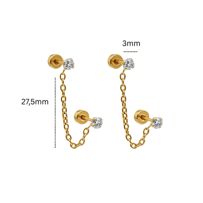 Double chained tiny diamond style studs - Silver