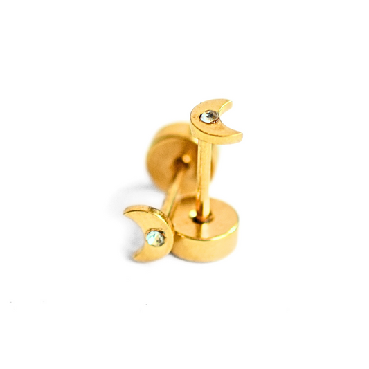 Tiny sparkled moon studs - Gold