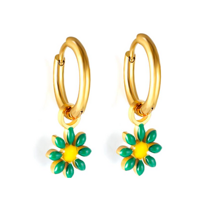 Green flower charm hoop - Gold - TheEarringCollective